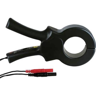 Een zwarte stroomtang-adapter met kabels. Het apparaat heeft twee handgrepen en een ronde opening om leidingen te omvatten voor stroommetingen.