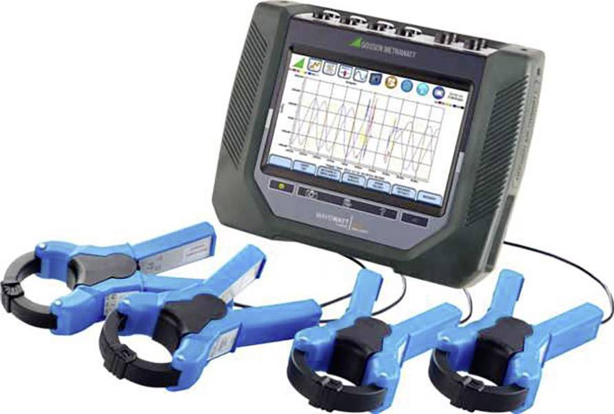 Apparaat voor het meten van elektrische parameters met vier blauwe sensoren. Scherm toont grafische gegevens. Voornamelijk bedoeld voor diagnosedoeleinden.