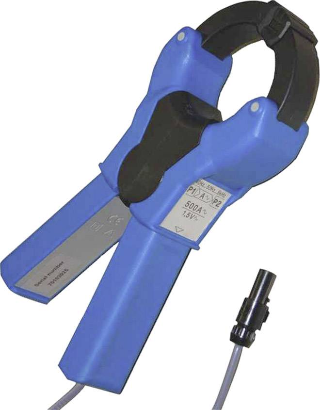 Blauw stroommetingsapparaat met een zwarte sensor en kabel, dat in de elektrotechniek wordt gebruikt voor het meten van wisselstromen tot 500A.