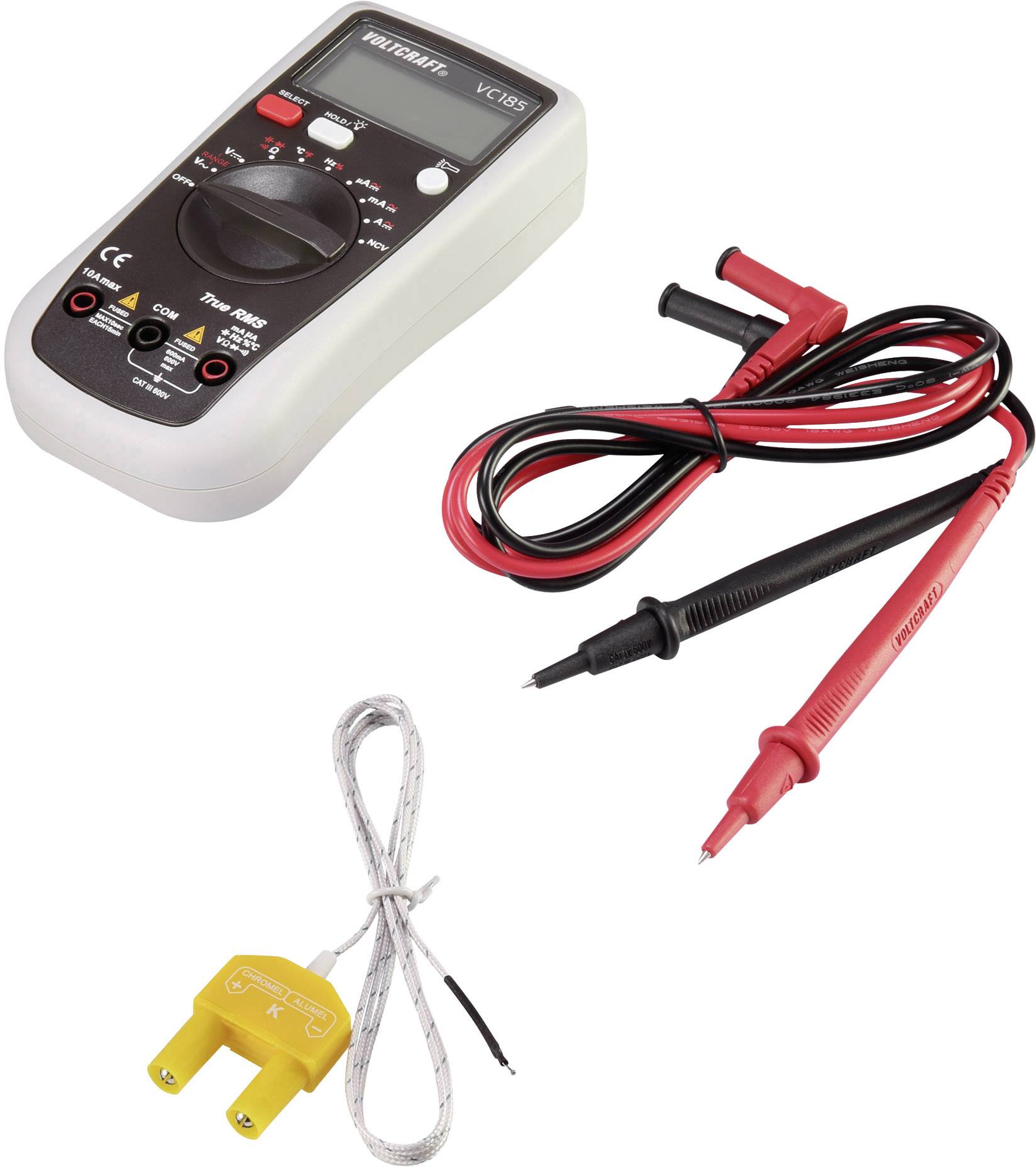 Digitale multimeter met drie meetkabels. Bovenste kabel rood en zwart, onderste kabel geel met twee aansluitstekkers.