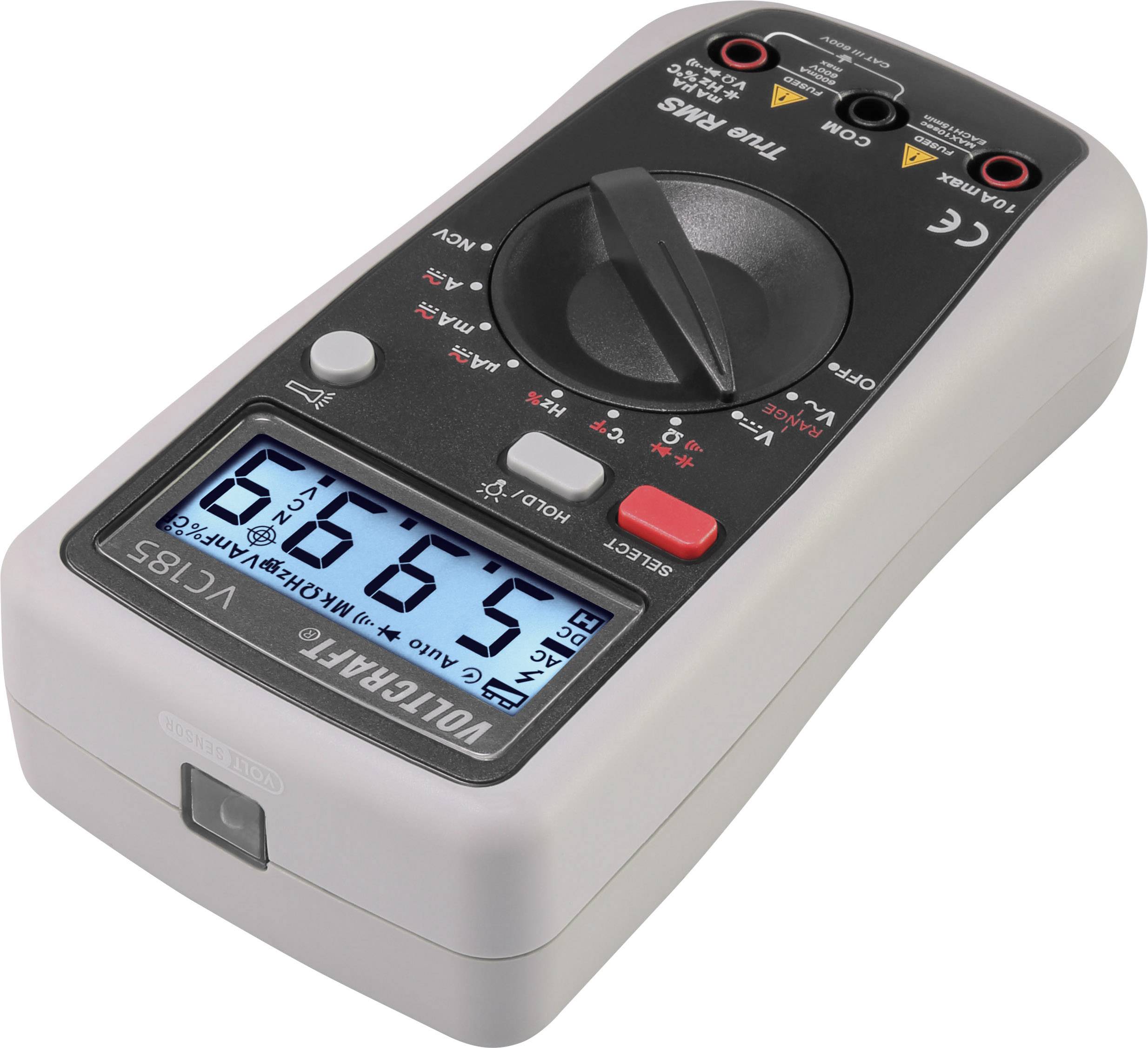 Digitale multimeter toont gemeten spanning van 6,969 volt. Het heeft een digitaal display en verschillende selectieknoppen voor metingen.