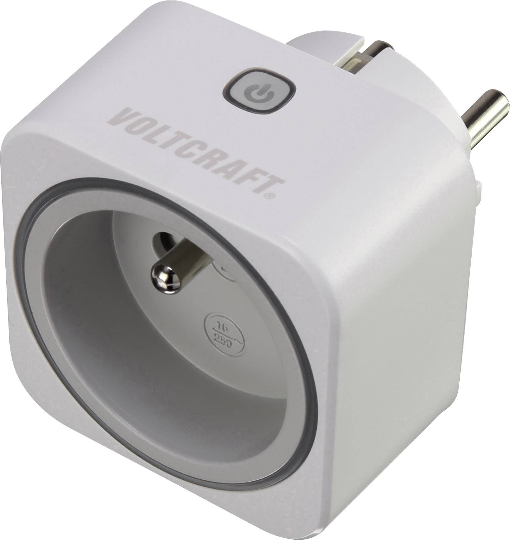Een vierkante, witte Smart-stekker van Voltcraft met een aan/uit-knop bovenop en stopcontactingangen aan de zijkant.
