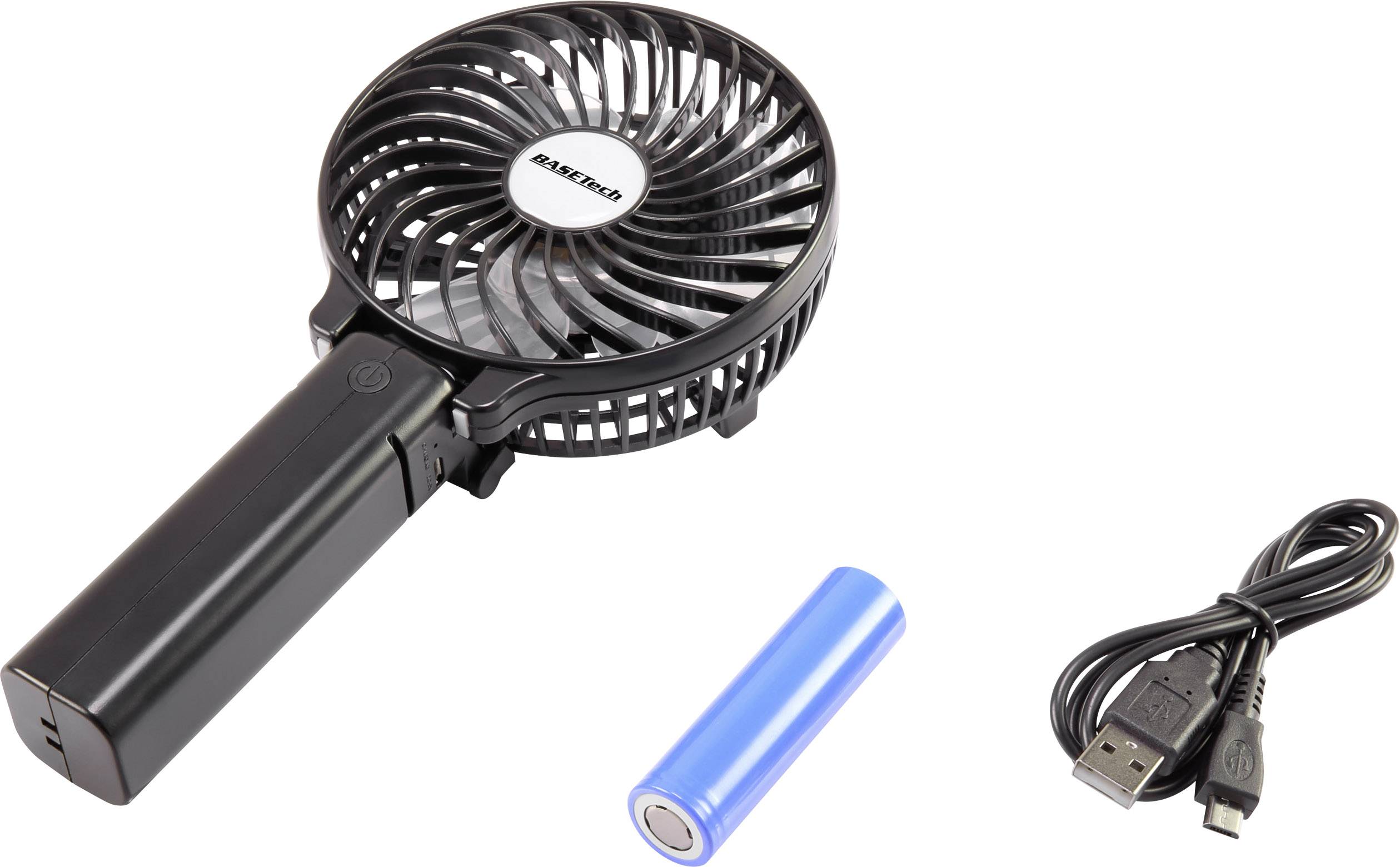 Draagbare handventilator met afneembare handgreep, een blauwe oplaadbare batterij en een USB-oplaadkabel.
