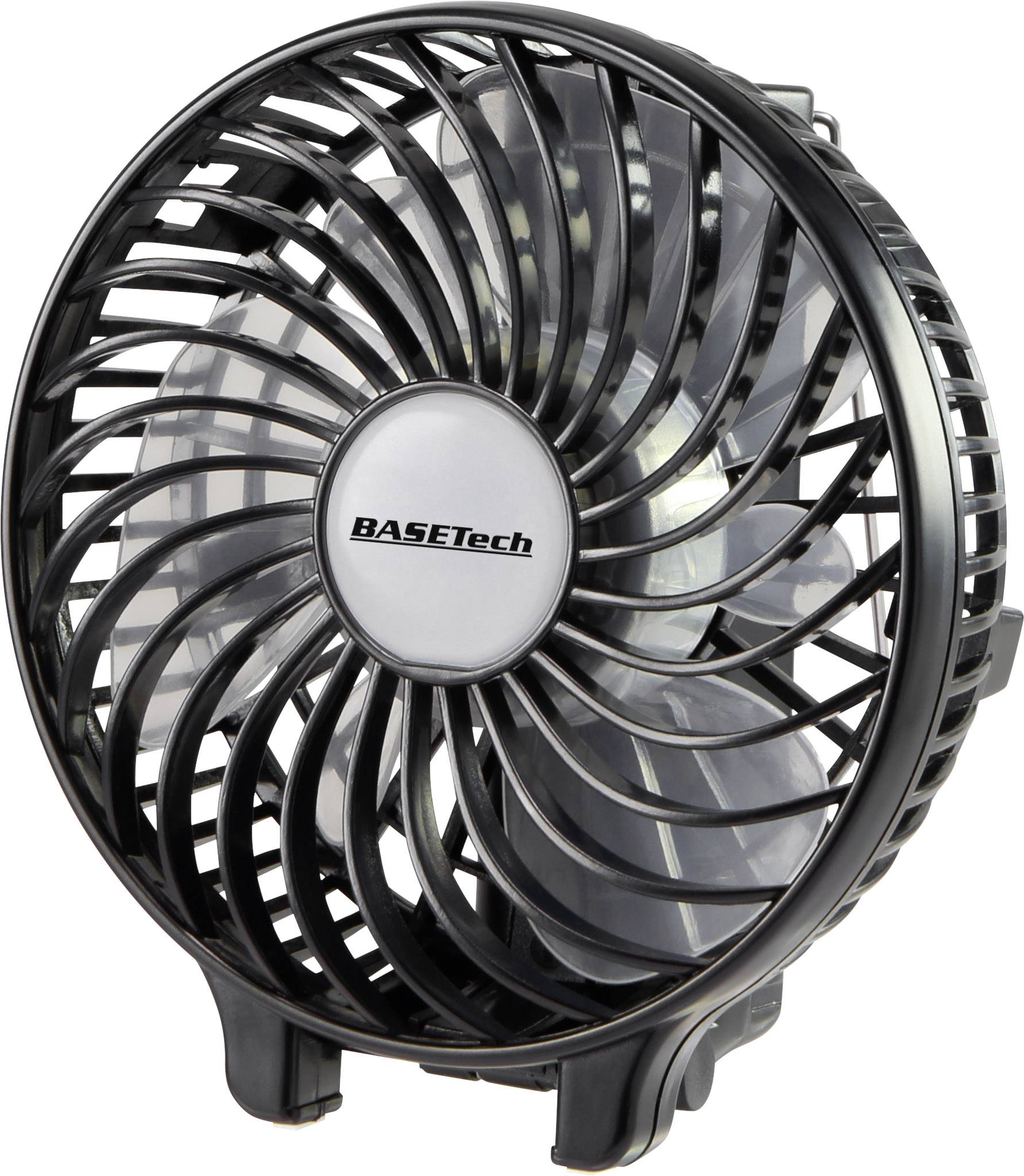 Een zwarte tafelventilator met een cirkelvormig rooster en drie poten met het 'BASETech' logo in het midden.