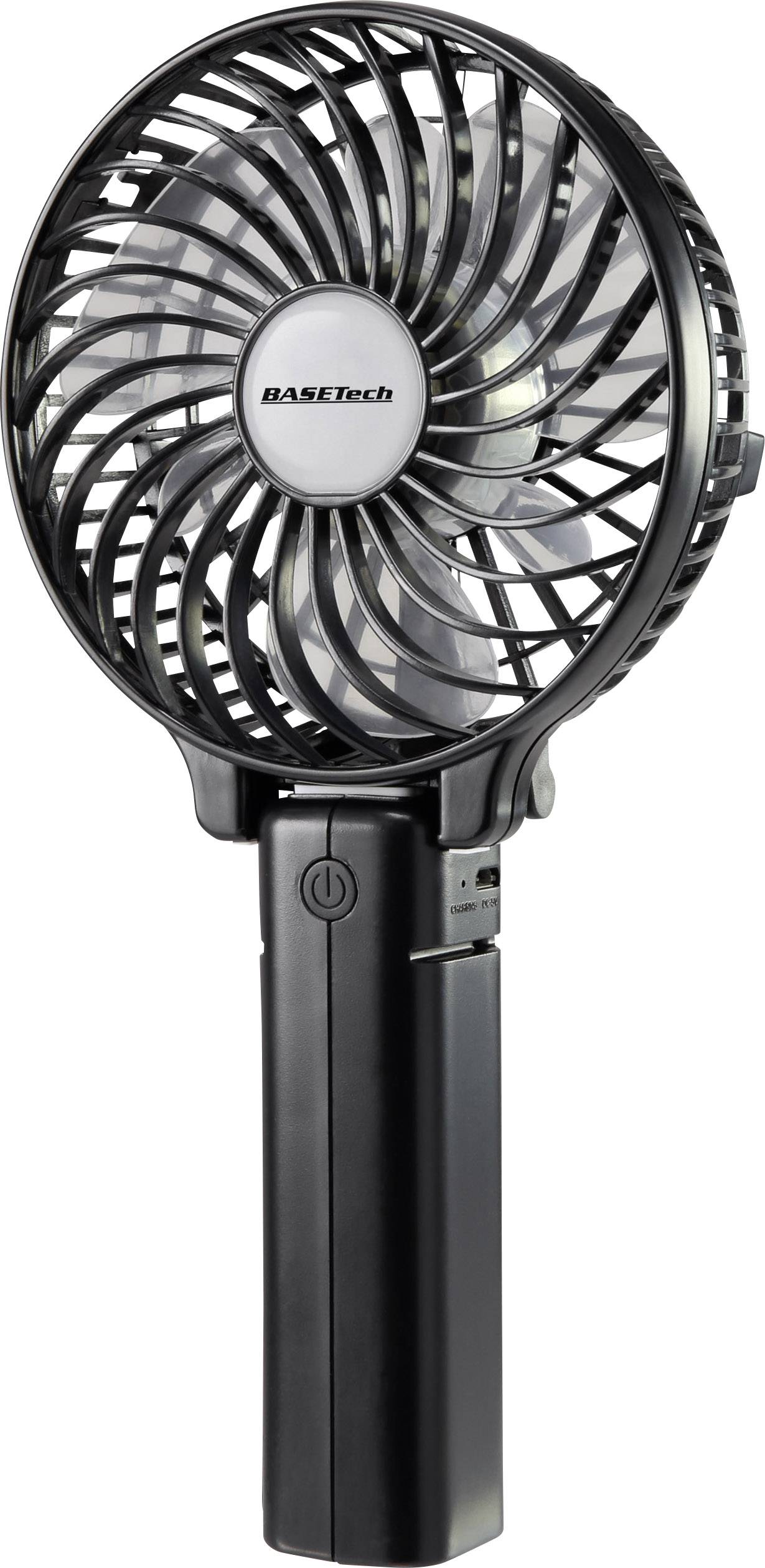 Een draagbare, zwarte handventilator met draaiende rotorbladen, geschikt voor persoonlijke verkoeling.