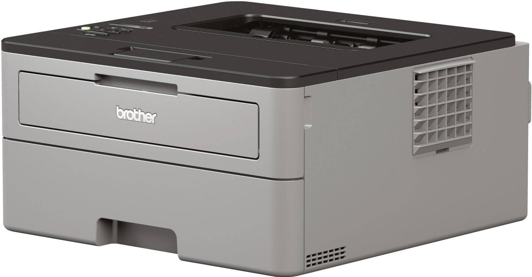 Grijze laserprinter met zwarte bovenkant, merknaam zichtbaar aan de voorkant. Apparaat geschikt voor gebruik op kantoor.