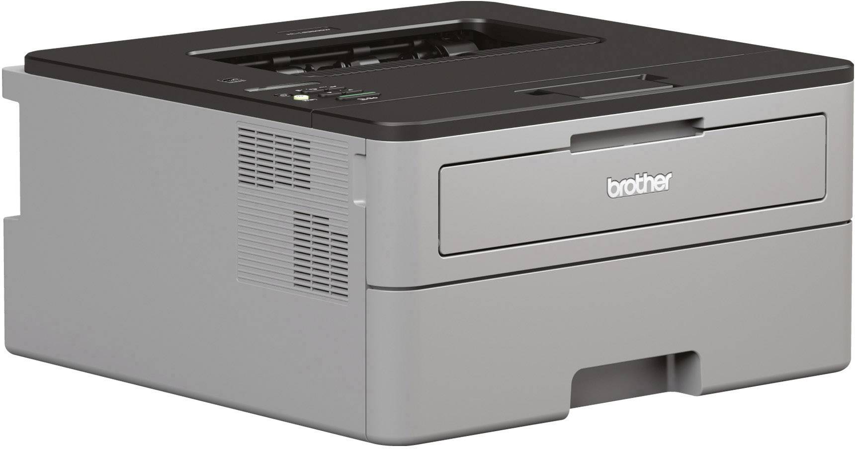 Een grijze printer in een rechthoekig ontwerp, met laden aan de bovenkant. Merknaam zichtbaar aan de voorkant.