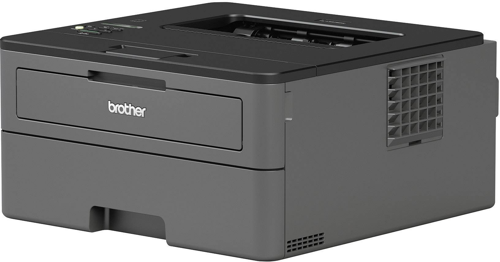 Een zwart-grijze laserprinter van Brother, model HL-L2375DW, toont de voor- en zijaanzicht met papierlade en bedieningselementen.