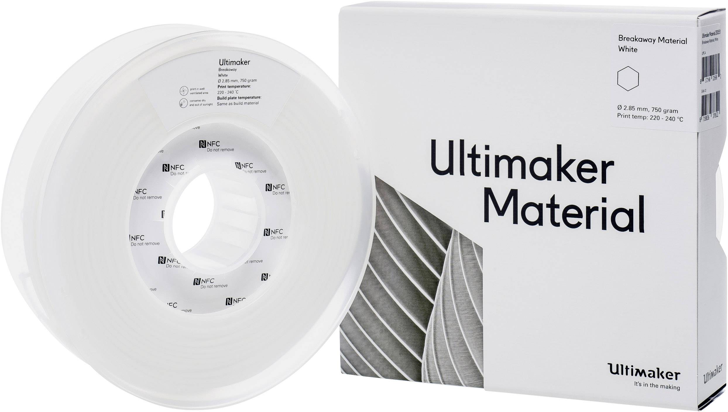 3D-printfilament van Ultimaker in een witte verpakking. De tekst op de doos beschrijft het materiaal als breekbaar en wit.
