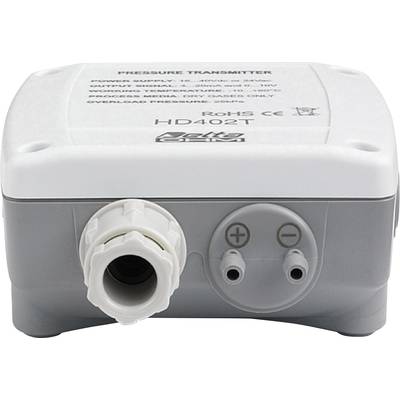 Een druktransmitter met witte en grijze elementen, gekenmerkt door 'HD402T' en symbolen voor RoHS en CE.