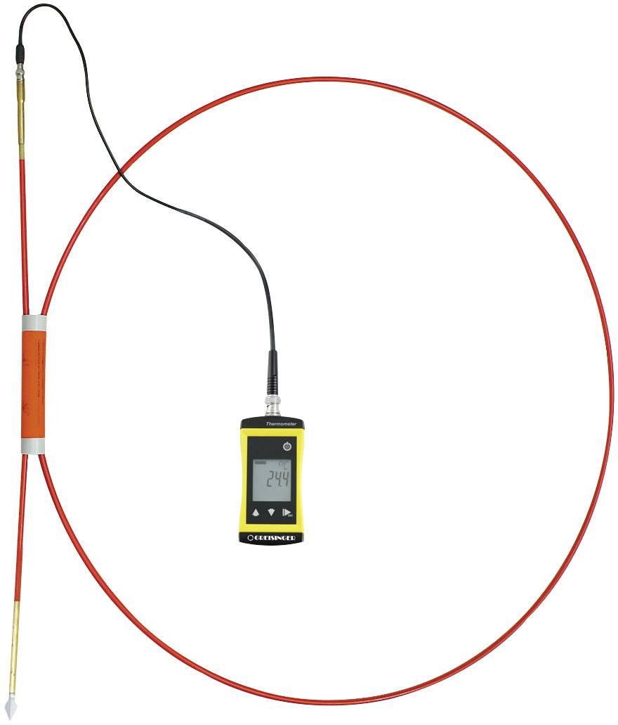 'Een flexibele rode sonde met een digitaal thermometer. Het display toont 24,4 graden Celsius. Geschikt voor temperatuurmetingen.'