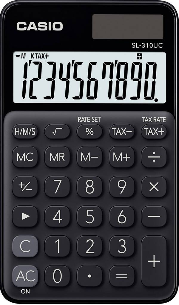 Casio SL-310UC-BK Zakrekenmachine  Zwart Aantal displayposities: 10 werkt op zonne-energie, werkt op batterijen (b x h x d) 70 x 8 x 118 mm