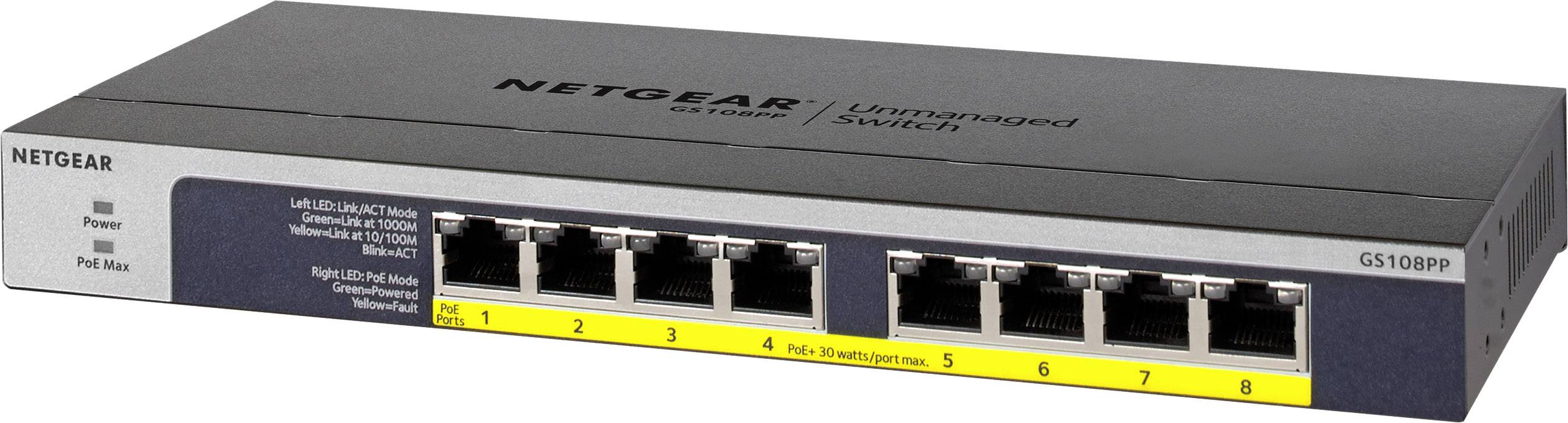 'Netgear GS108P' netwerk-switch met acht Ethernet-poorten en LED-indicatoren aan de voorkant voor stroom, poortstatus en PoE-Max.