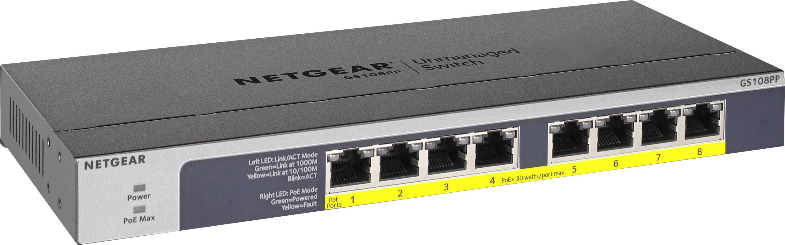 Een grijze NETGEAR 8-poorts Ethernet-switch (GS108PP) met gele aanduiding en LED-indicatoren voor stroom- en PoE-status.