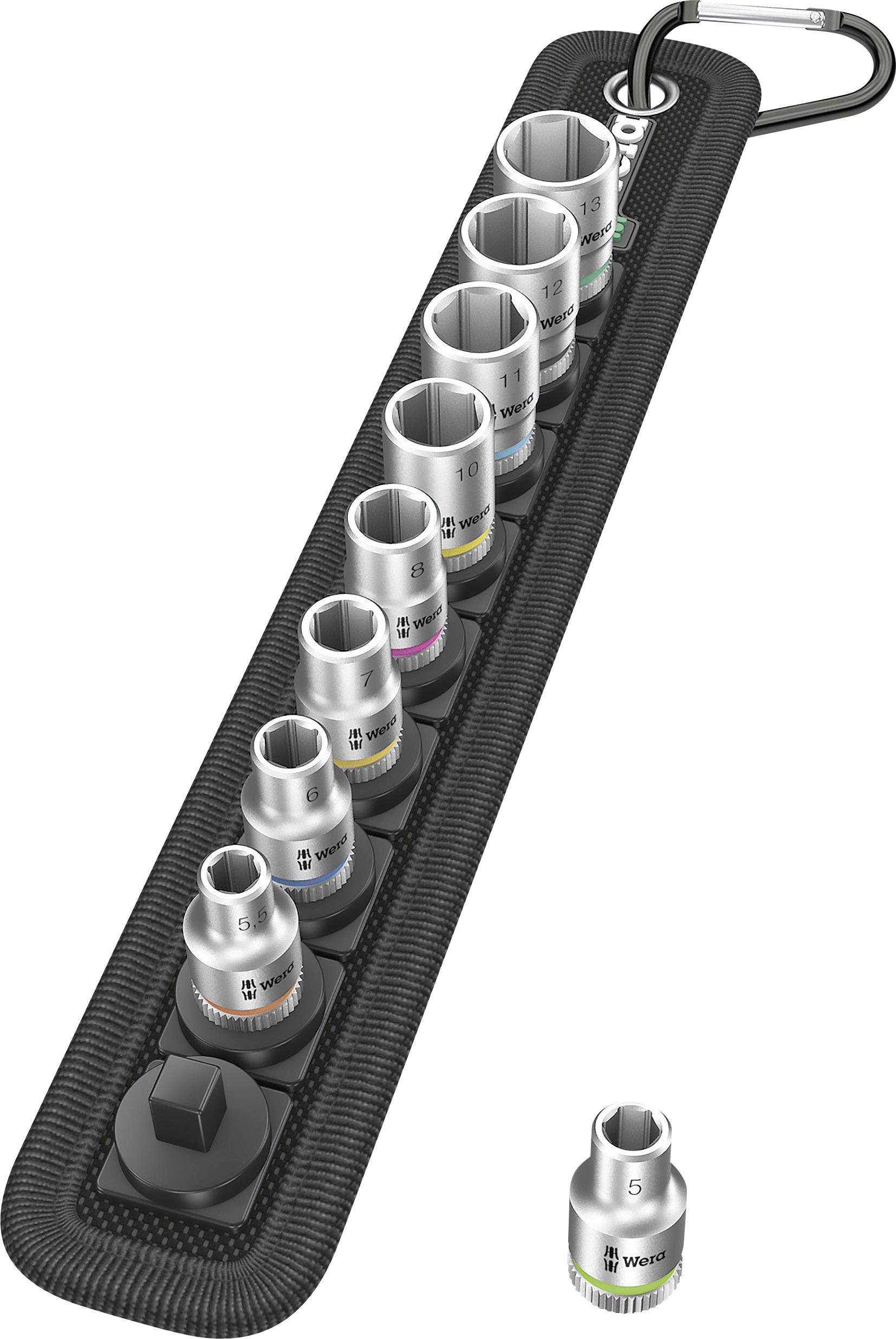 Een set van tien verschillende steekmoeren in een houder, kleurgecodeerd, samen met een los extra steekmoerdeel.