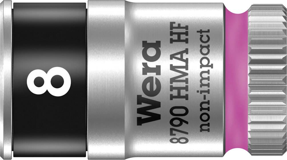 'Close-up van een Wera gereedschap, zeskant, zwarte en zilveren onderdelen, roze ring. Opschrift: "Wera 8790 HMA HF non-impact".'