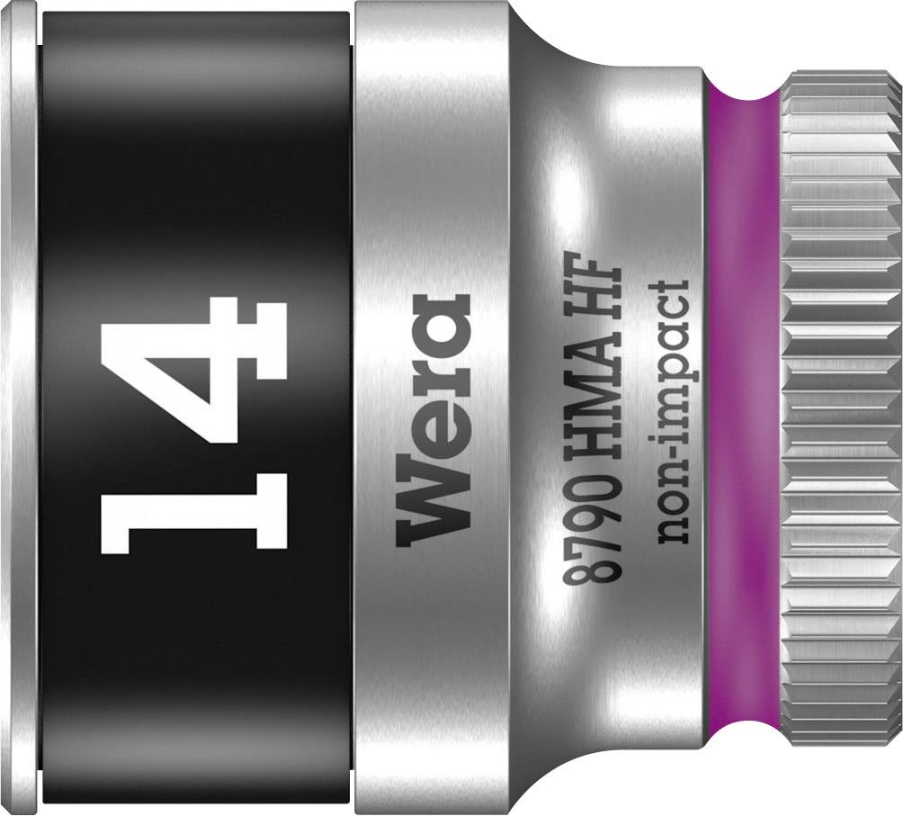'Wera 8790 HMA HF non-impact', een 14mm dopsleutel, zilverkleurig met een zwarte en roze ring.