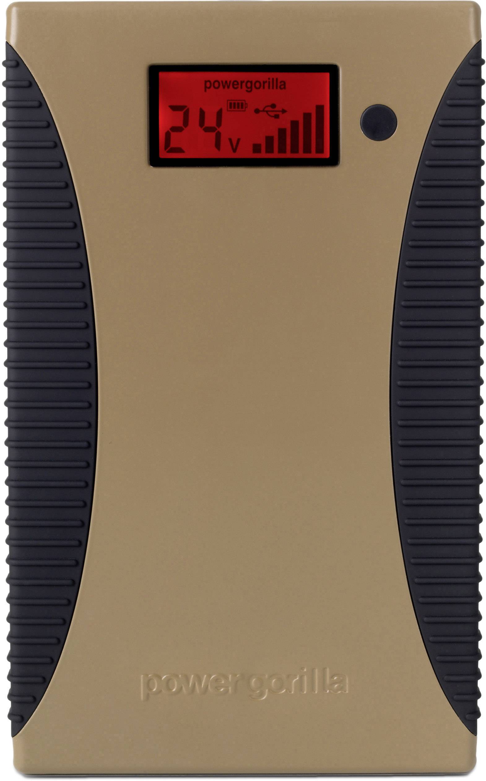 Bruin draagbaar oplaadapparaat met een digitaal display dat '24V' aangeeft. Zwarte handgrepen links en rechts voor een betere grip.