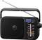 Een draagbare radio met uittrekbare antenne, luidspreker en schaal voor FM/AM-frequenties. Merknaam bovenaan zichtbaar.