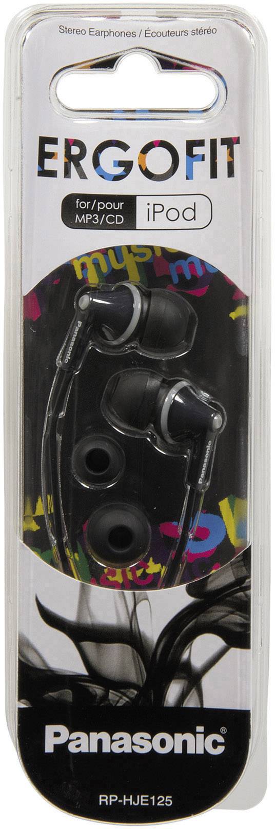 Panasonic koptelefoon in ERGOFIT-design, geschikt voor MP3/CD en iPod, in zwarte kleur, met extra oordopjes. Verpakking toont productafbeelding.