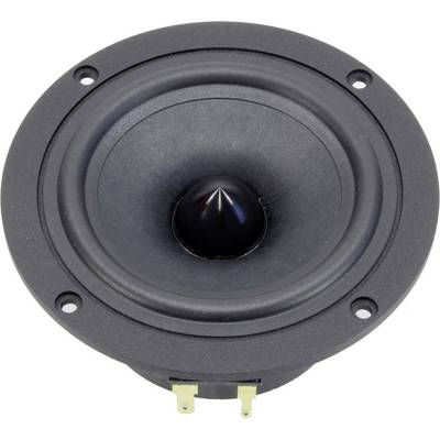 Een zwarte luidspreker met een rond behuizing en een metalen conus, gezien van bovenaf. Geschikt voor audiosystemen of DIY-projecten.