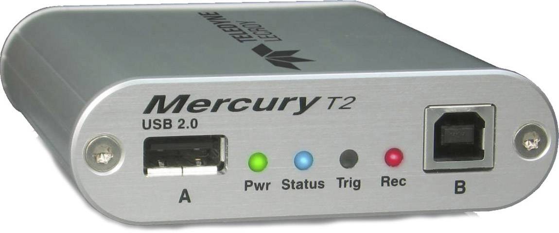 Elektronisch apparaat van het merk 'Mercury T2' met USB 2.0-aansluiting, status-LED's en een extra aansluiting, vermoedelijk bedoeld voor gegevensoverdracht.