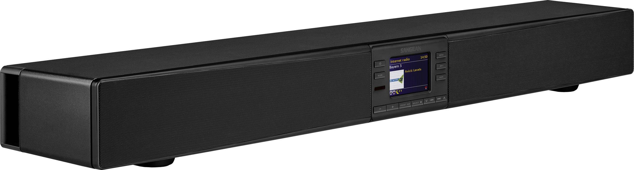 Zwarte soundbar met geïntegreerd display aan de voorkant, toont verschillende menu-opties.