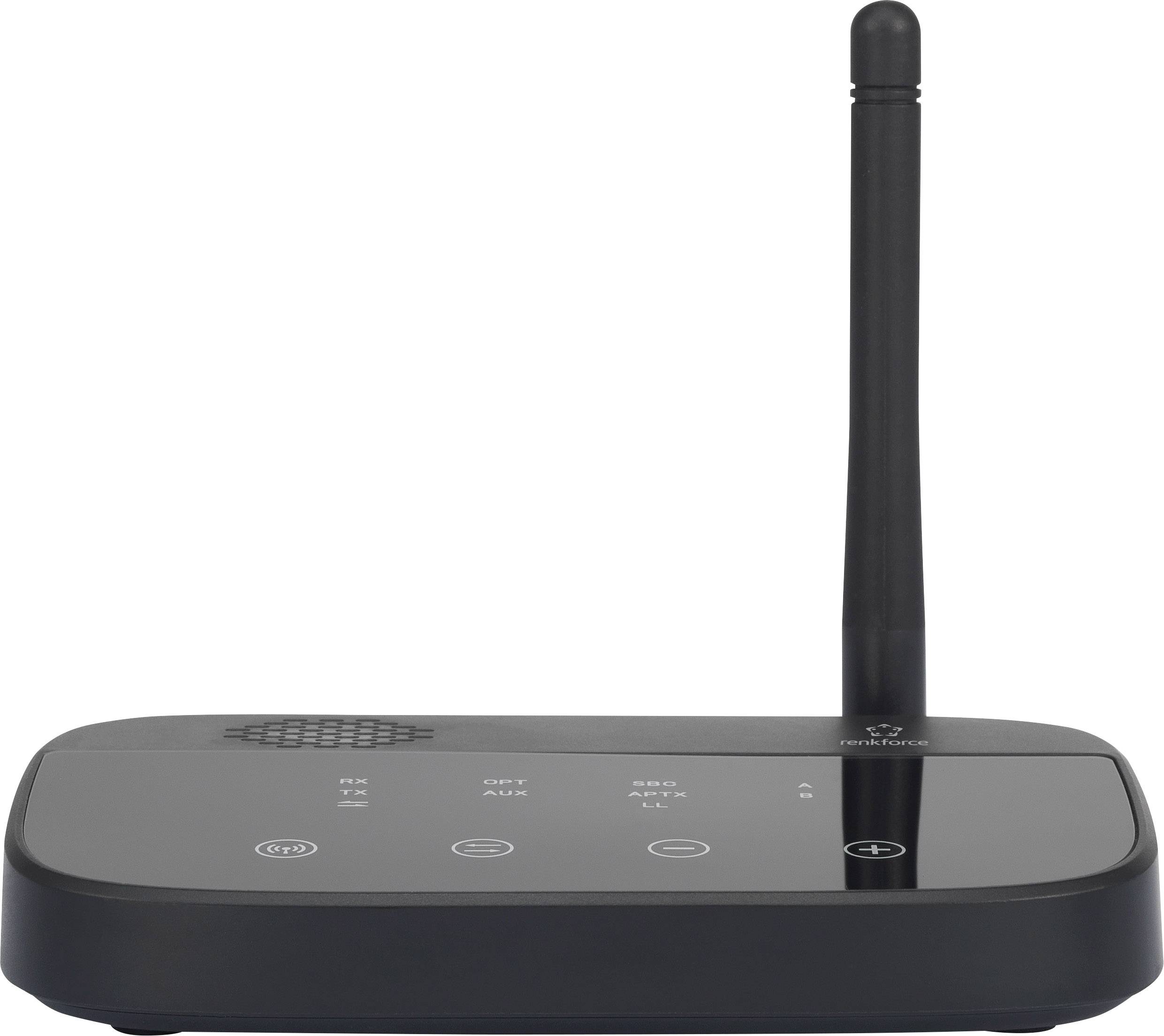 Een zwarte WLAN-router met een rechtopstaande antenne en bedieningselementen aan de voorkant.