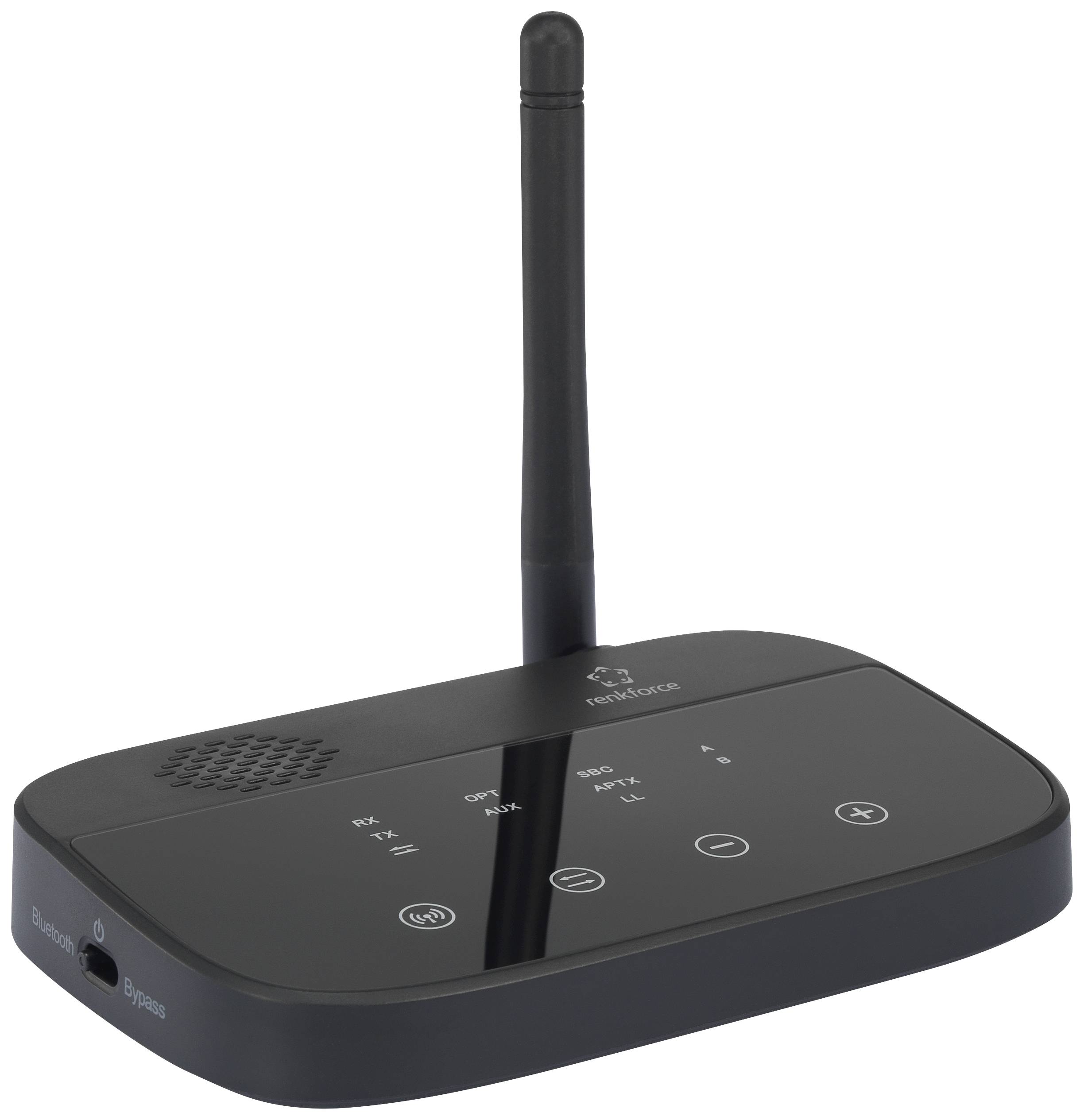 Een zwarte draadloze audizender met antenne, meerdere knoppen en een opschrift dat de frequenties 863 en 865 MHz aangeeft.