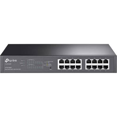 Een 16-poorts Ethernet-switch van TP-Link, model TL-SG1016PE, geschikt voor eenvoudig netwerkbeheer.