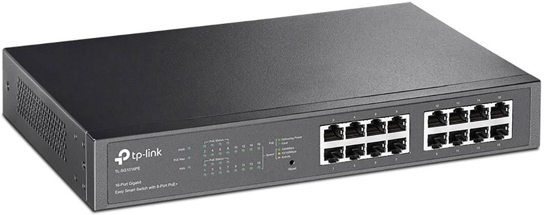 Een Ethernet-switch met 16 poorten, geschikt voor netwerkconnectiviteit. Merknaam en modelnummer zichtbaar op de voorkant.