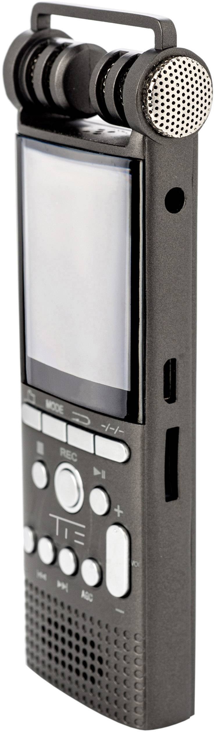 Draagbare audiorecorder met zijdisplay en microfoons bovenaan. Geschikt voor hoogwaardige geluidsopnames onderweg.