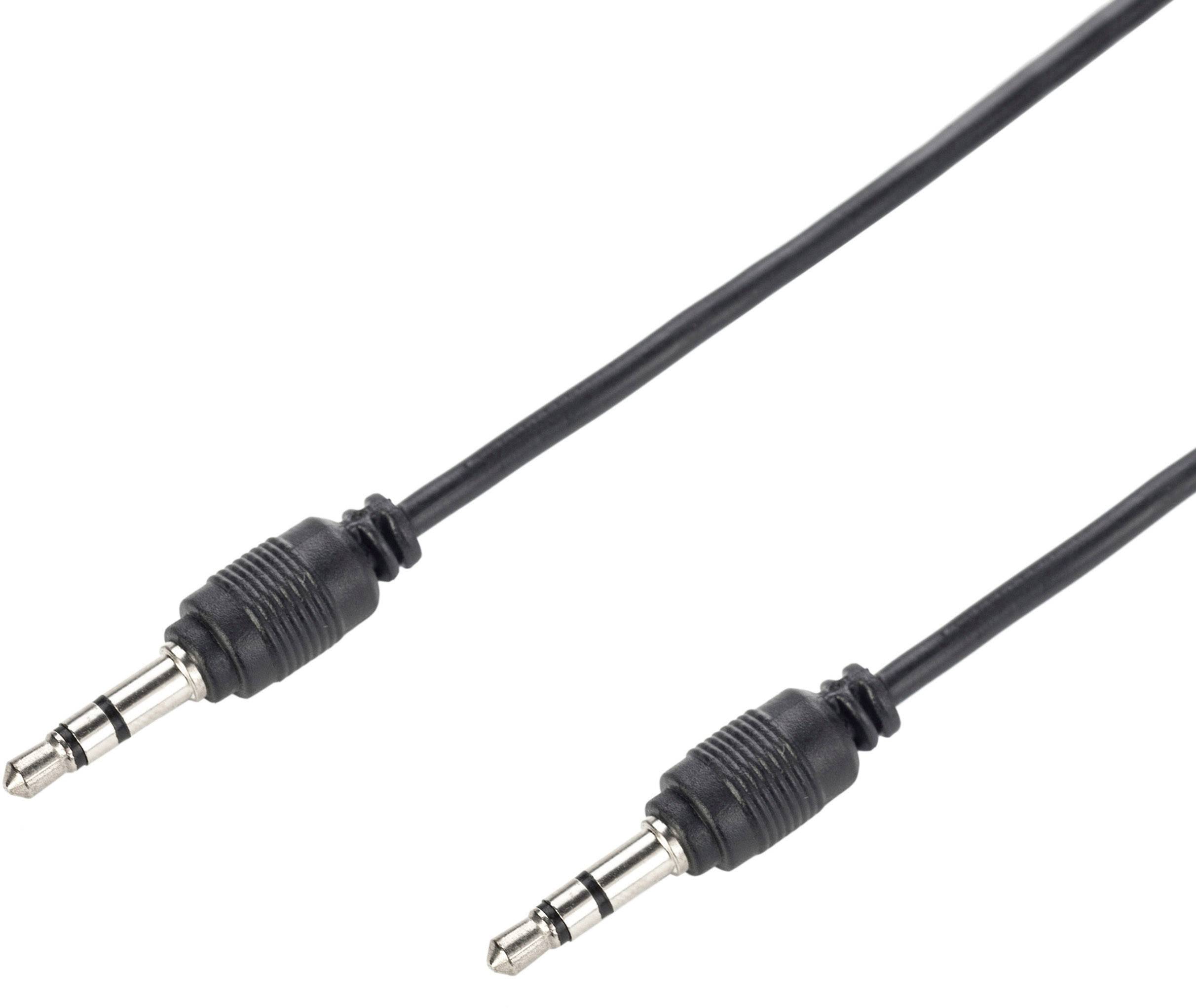Twee zwarte audiokabels met 3,5-mm-stekkers.