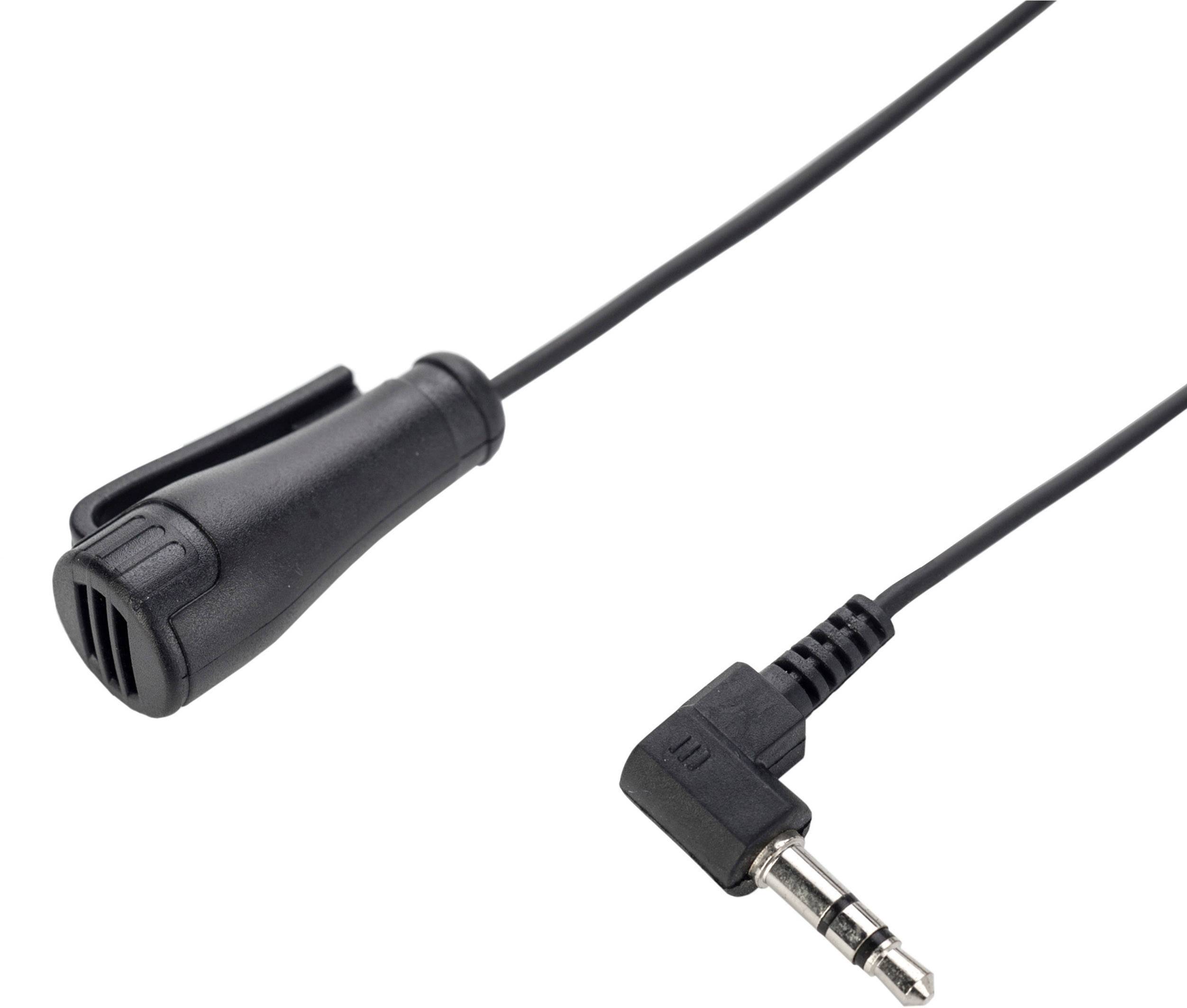 Een zwart audiokabel met een 3,5-mm-jackplug rechts en een rechthoekige aansluiting links.