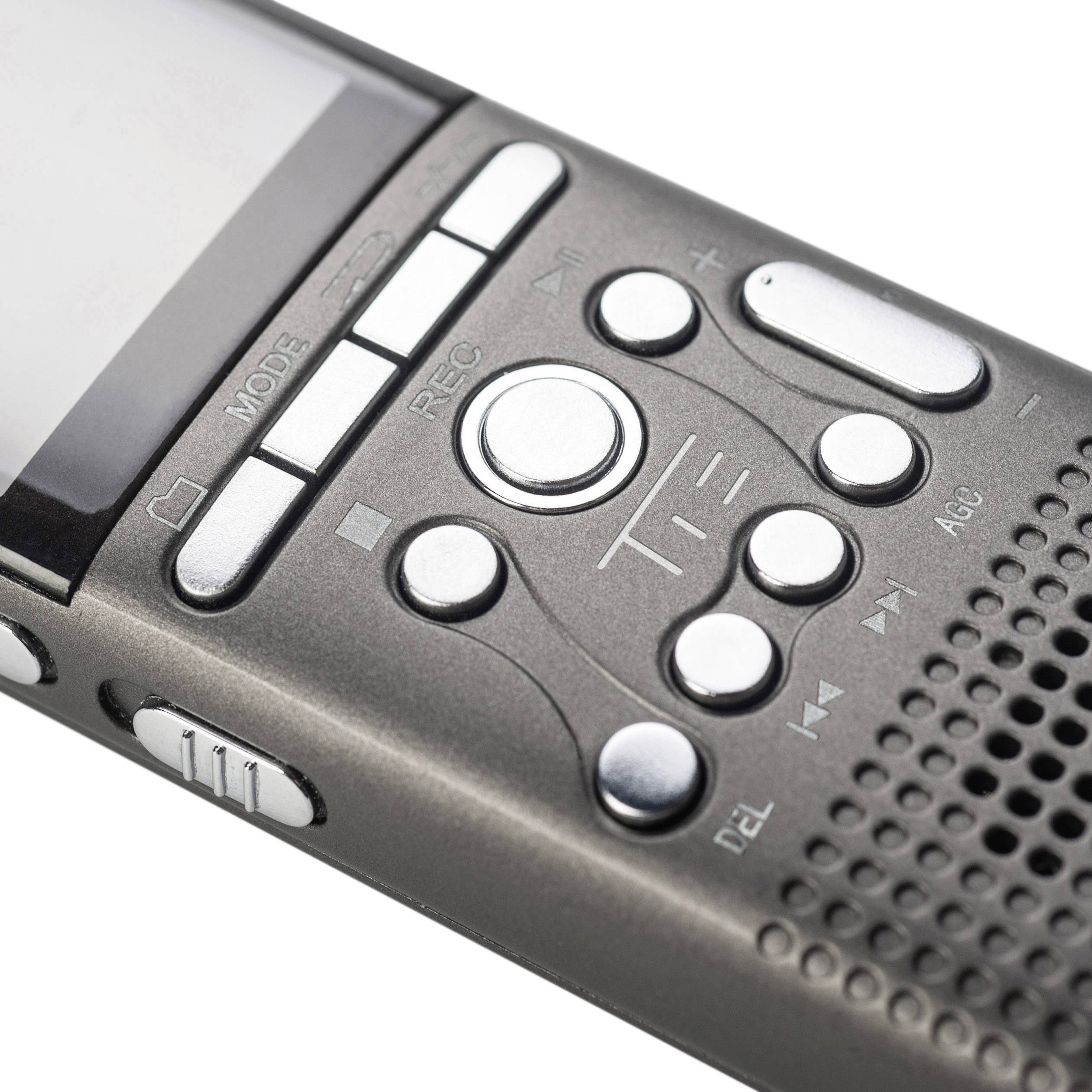 Digitale voice recorder, toont knoppen voor opname, afspelen en verwijderen, close-up van de belangrijkste bedieningselementen.