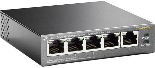 Een netwerk-switch van TP-Link met vijf Ethernet-poorten, waarvan vier met PoE-ondersteuning, model TL-SF1005P.
