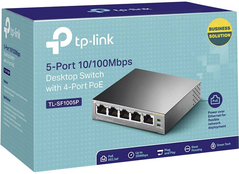 Verpakking van een TP-Link Desktop Switch, 5-Poorts 10/100Mbps met 4-Poorts PoE, Model TL-SF1005P. Ideaal voor netwerktoepassingen.