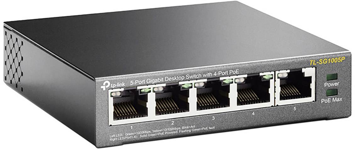 Een 5-poorts Gigabit Desktop-switch met 4 PoE-poorten, model TL-SG1005P, geschikt voor kleine netwerken om meerdere apparaten te verbinden.