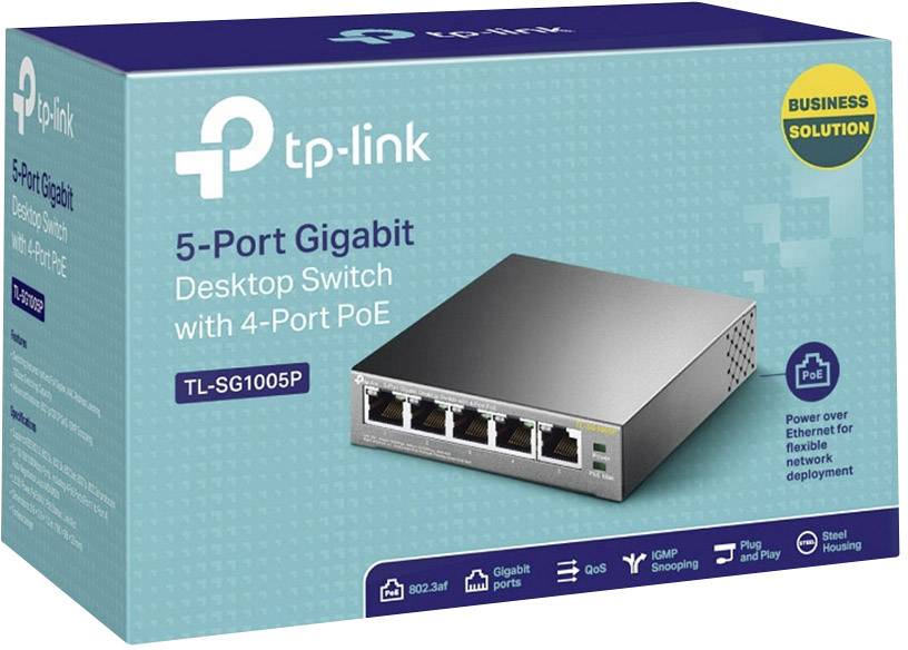 'TP-Link 5-Poorts Gigabit Desktop Switch met PoE', verpakking toont productafbeelding en prestatie-details, 4 PoE-poorten gemarkeerd.