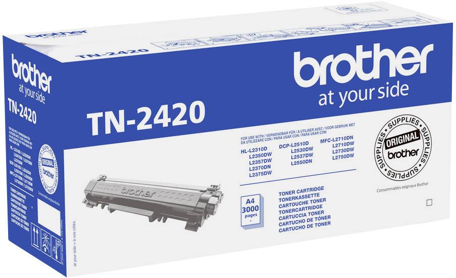 Verpakking van een Brother TN-2420 toner voor printers. Wit-blauw ontwerp met afbeelding van de toner. Tekst: 'Brother, aan je zijde'.