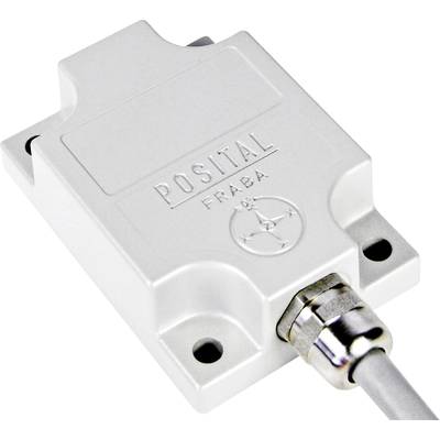 Een witte, rechthoekige sensor van Posital Fraba met kabelaansluiting, gemonteerd met vier schroeven. Bevat het merklogo en -symbool.