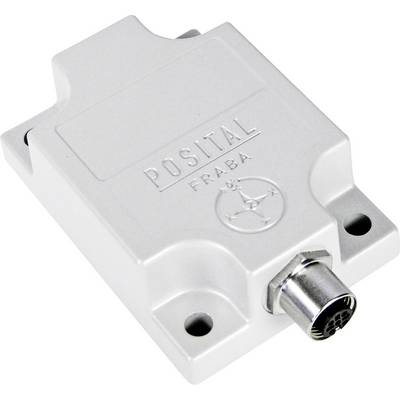 Een witte elektronische sensor met het opschrift 'POSITAL FRABA'. Aan de onderkant bevindt zich een aansluiting voor elektronische verbindingen.