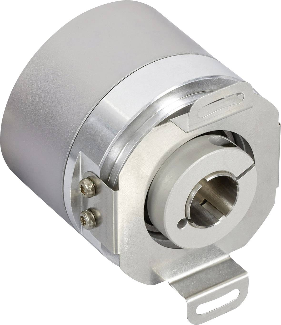 Metaalsensor met cilindrische behuizing, sleuven en verbindingsstukken, gebruikt in industriële toepassingen voor positiebewaking.