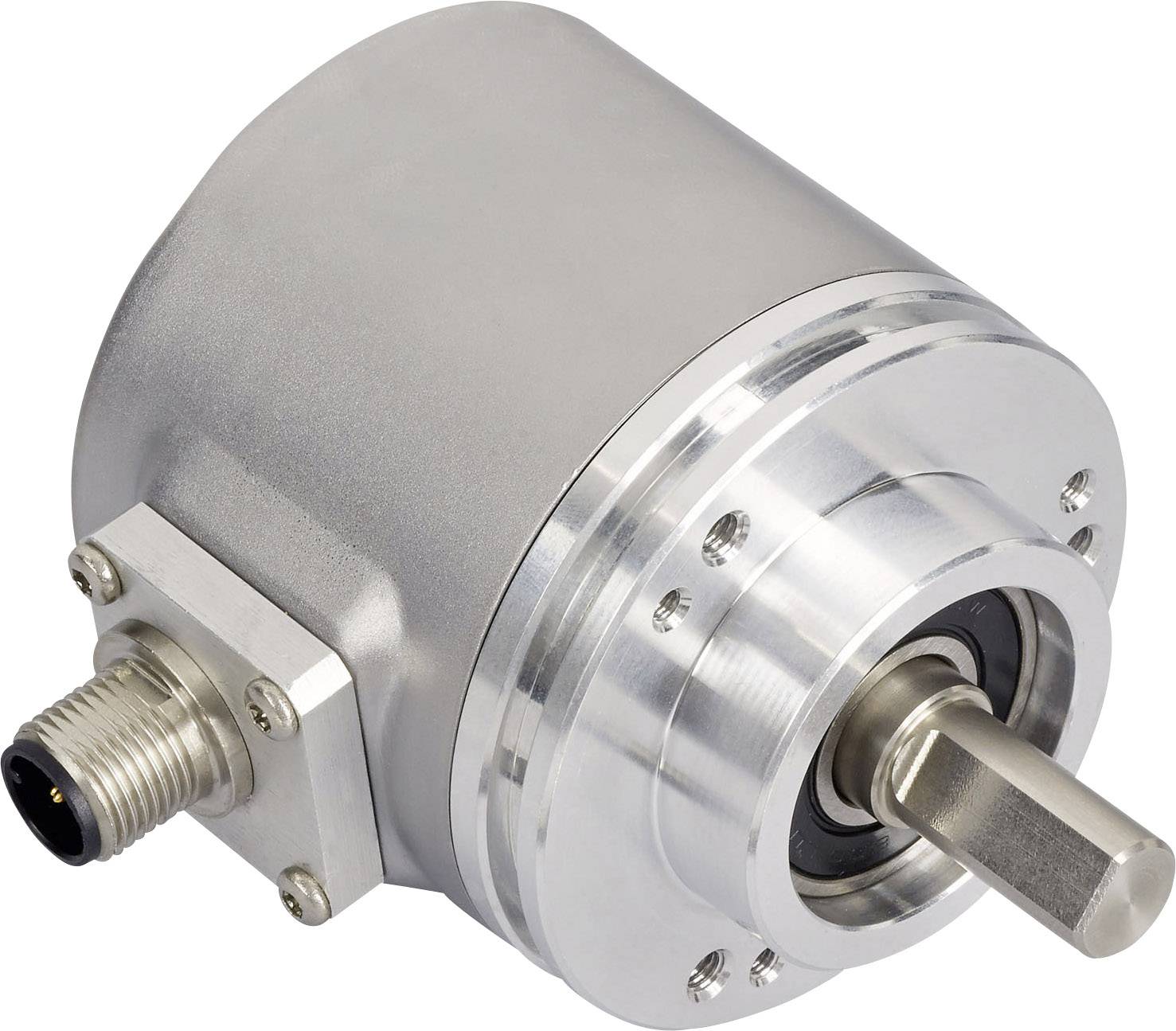 Zilveren encoder met metalen behuizing en aansluitstekker, toont as en bevestigingsschroeven, gebruikt voor positiemeting.