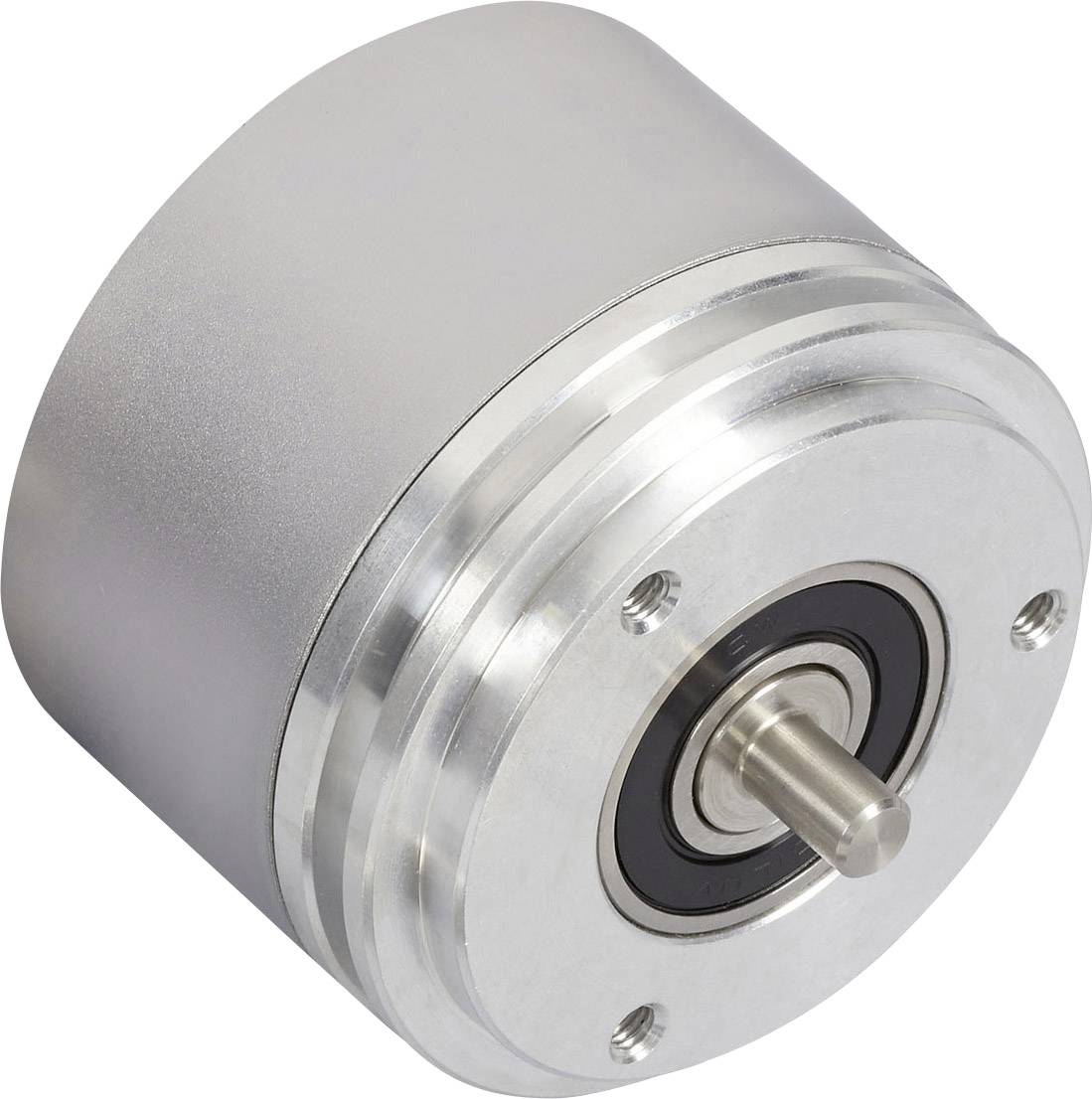 Een zilveren metalen motor met een cilindrische vorm, een centraal lager en een uitstekende aanzet, geschikt voor mechanische toepassingen.