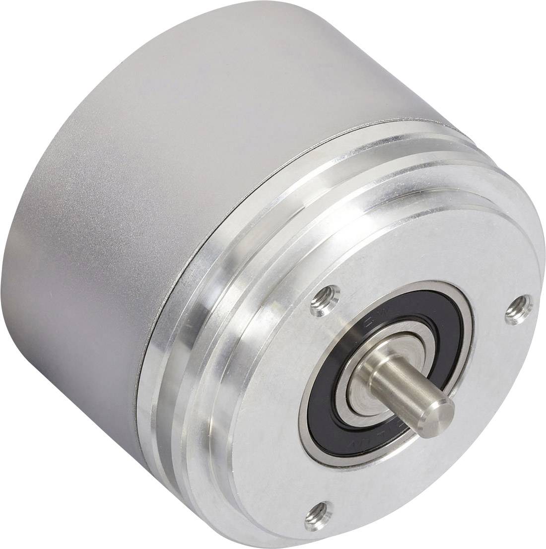 Een cilindrische metalen encoder met zichtbare as en schroefafsluitingen.