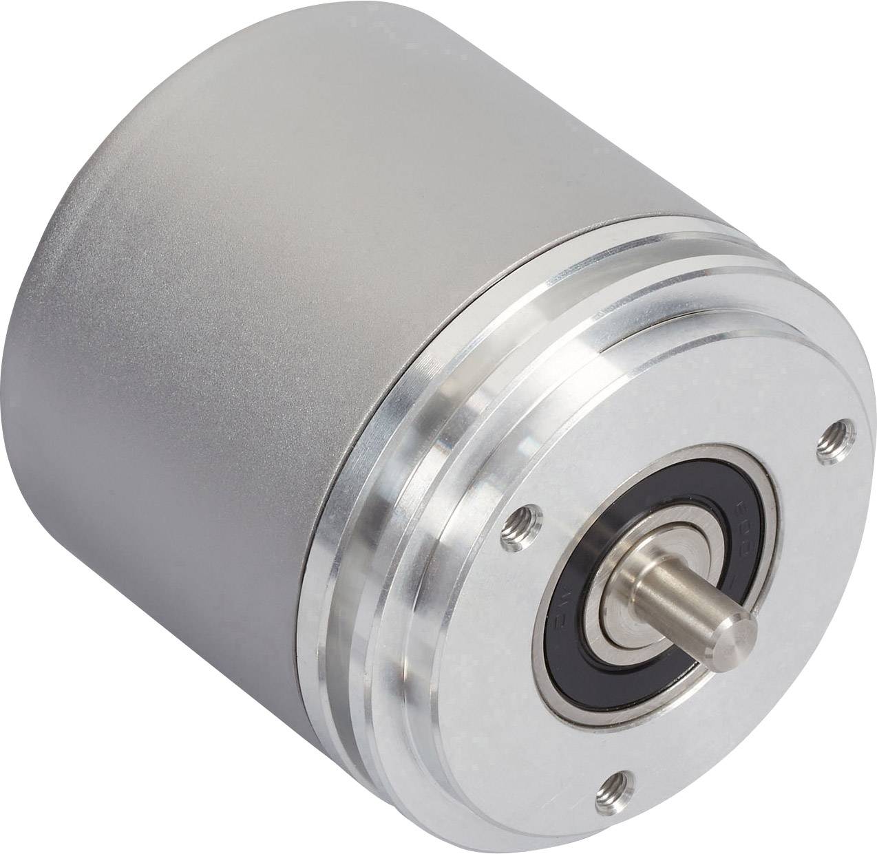 Een compacte metalen encoder met een cilindrische vorm en een zichtbare rotatie-as op een witte ondergrond.