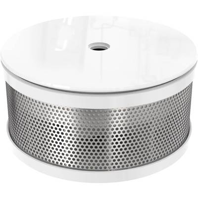 Rode, witte rookmelder met een zilver geperforeerde behuizing.