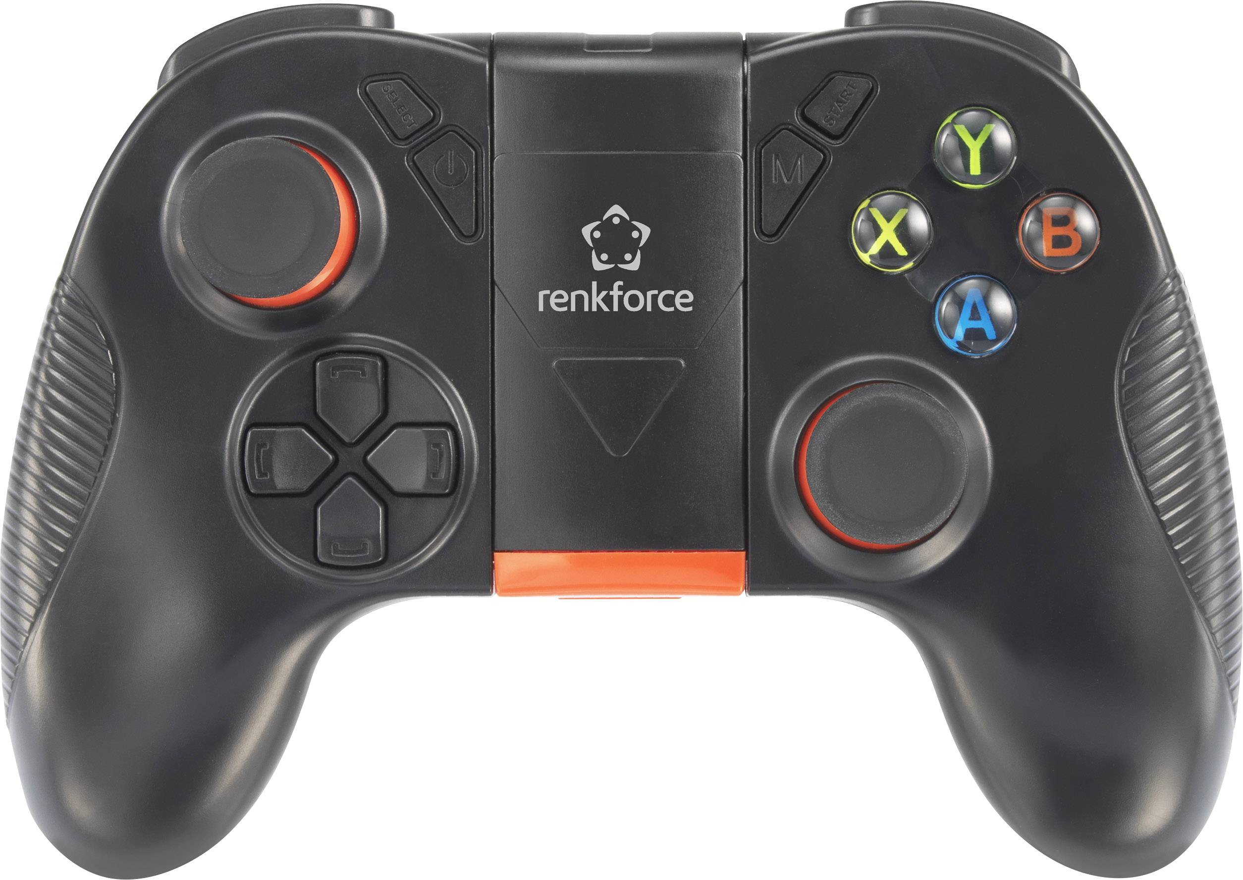 Zwarte game-controller met rode en groene details, vier actieknoppen (X, Y, A, B) en twee sticks.