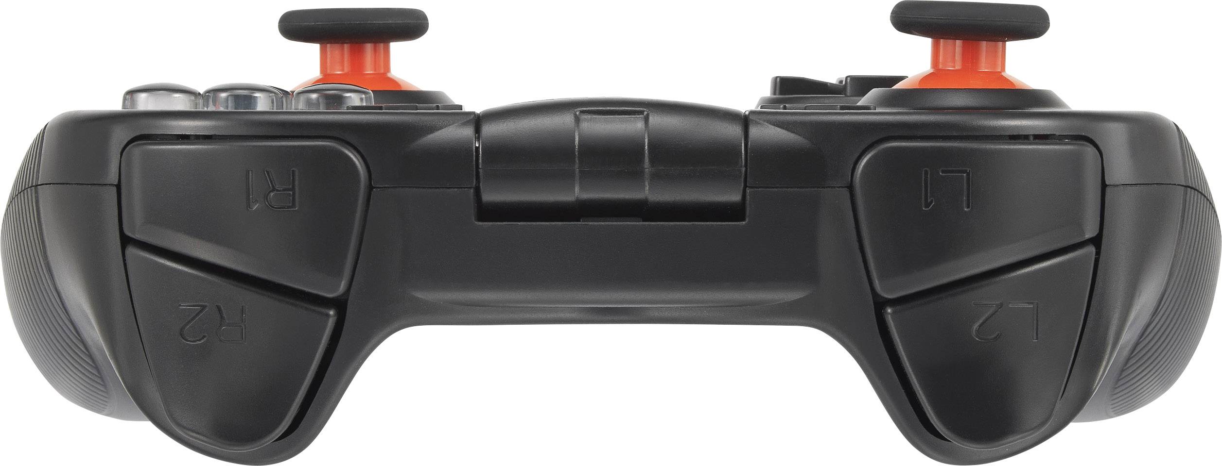 Een zwarte gamingconsole met rode joysticks en toetsenbordaanduidingen 'L1', 'L2', 'R1', 'R2' aan de achterkant.